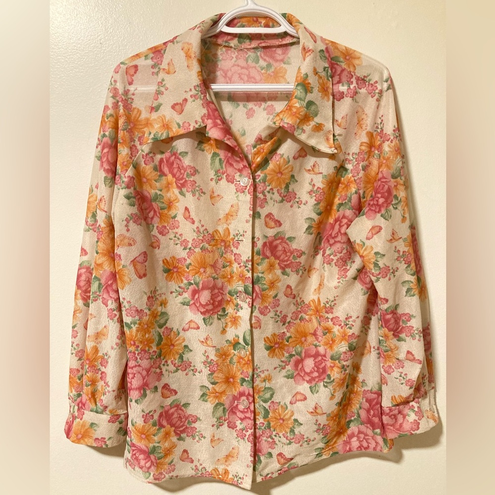 Vintage Floral and Butterfly Button Up Long Sleeve Shirt Women’s Large HOST PICK